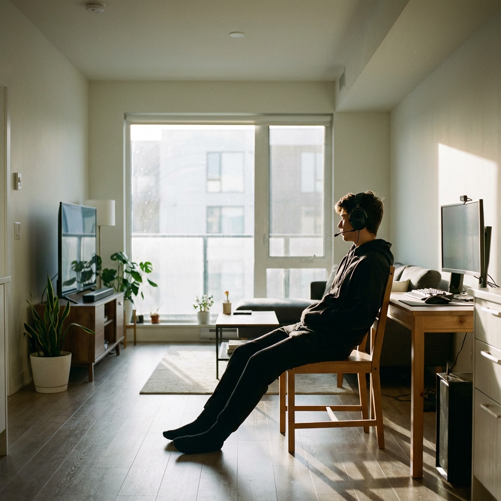 A lonely gaming setup in a dark room